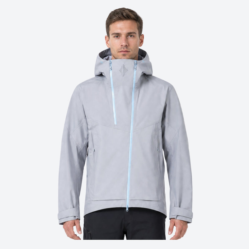 Men's breathable 3-layer shell with high collar hood - light gray hardshell jacket, for cold-weather winter sports