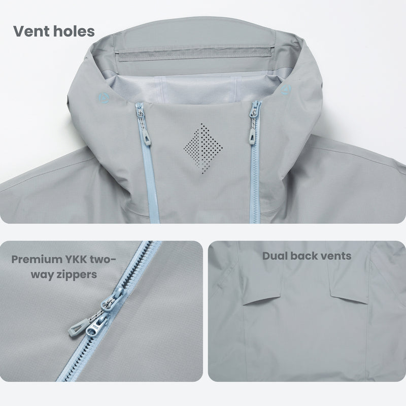 Women's waterproof 3L hardshell ski jacket - light gray, hood vent holes infographic, for powder and piste riding