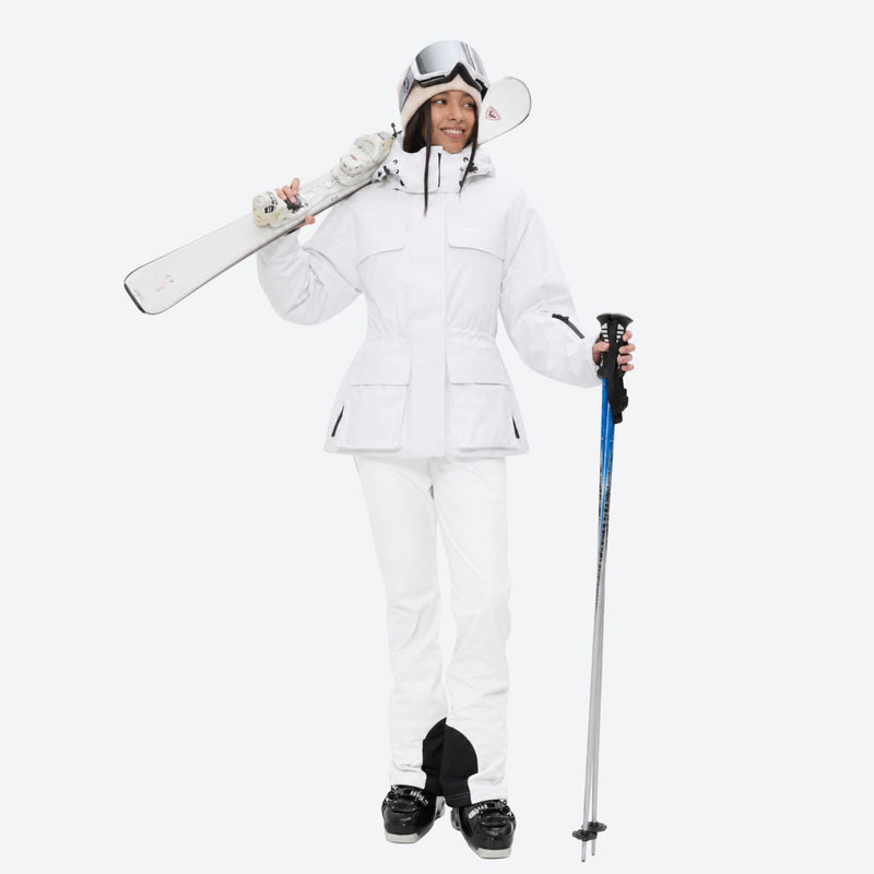 Women's waterproof 3L ski jacket and bib pants series - white jacket with white bib pants, for resort and cross-country days