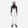 Women's fur trim hood snow jacket with suspender bibs - white bib pants, on-model front view, for skiing and snowboarding