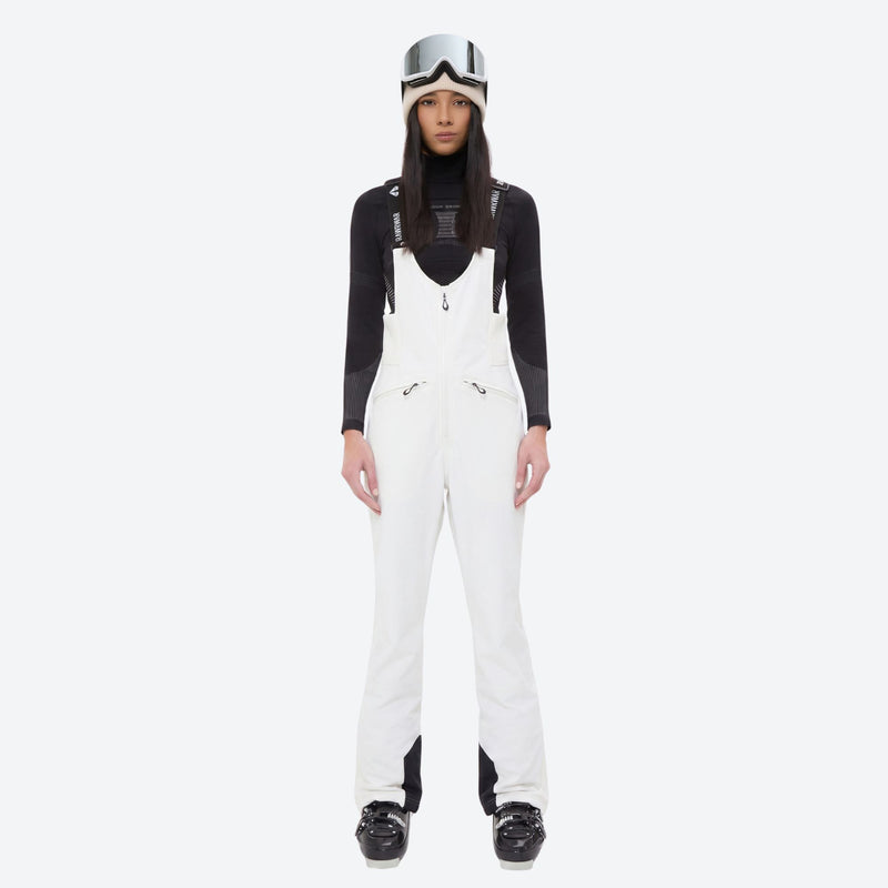 Women's fur trim hood snow jacket with suspender bibs - white bib pants, on-model front view, for skiing and snowboarding