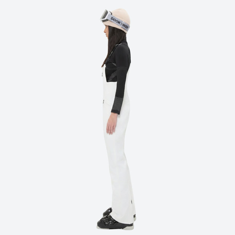 Women's 3-layer breathable ski suit set - white bib pants, on-model side view, for skiing and snowboarding