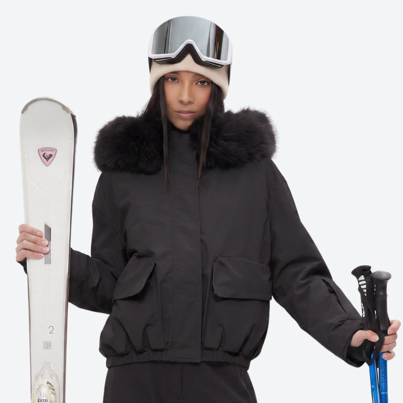 Women's waterproof 3L ski jacket and bib pants series - black fur trim hood jacket, for skiing and snowboarding