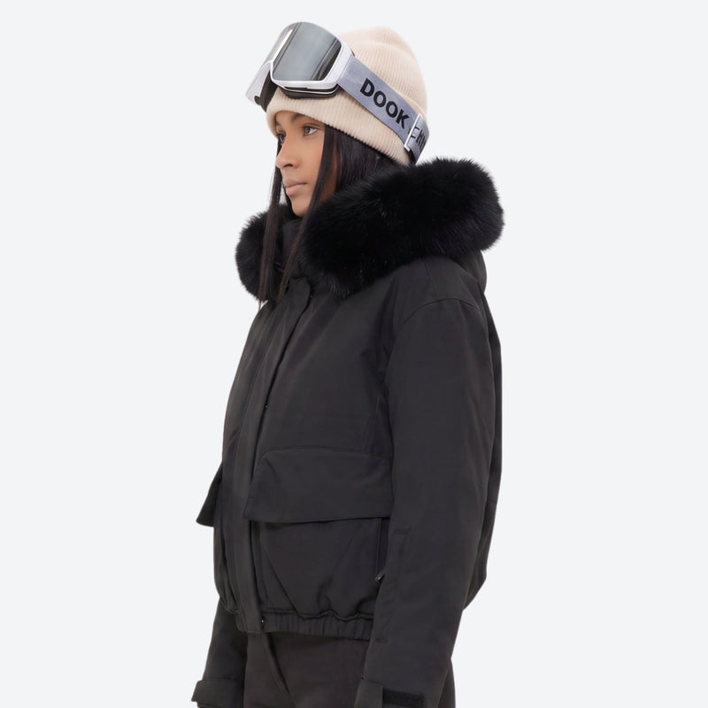 Women's fur trim hood snow jacket with suspender bibs - black fur trim hood jacket, for resort and cross-country days