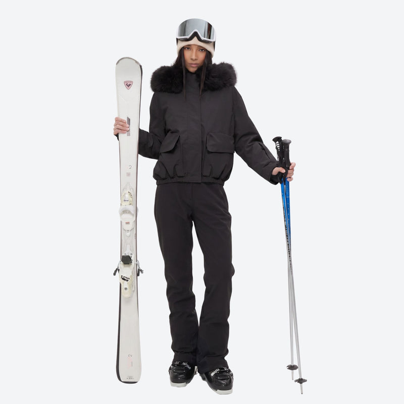 Women's 3-layer breathable ski suit set - black fur trim hood jacket with black bib pants, for cold-weather winter sports