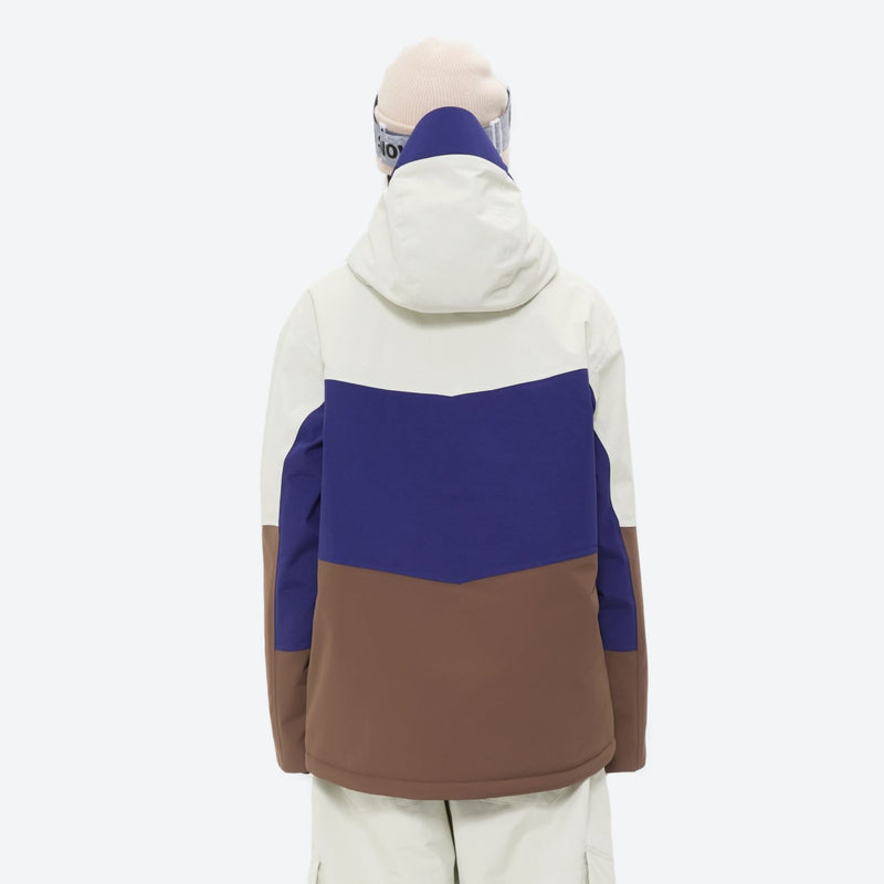 Women's 3-layer snowboard jacket and pants - white blue and brown colorblock jacket, for resort and backcountry days