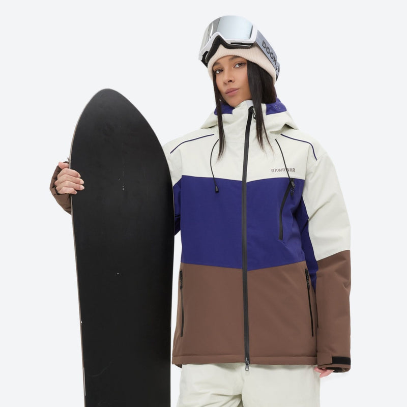 Women's 3-layer snowboard jacket and pants - white blue and brown colorblock jacket, for powder and piste riding
