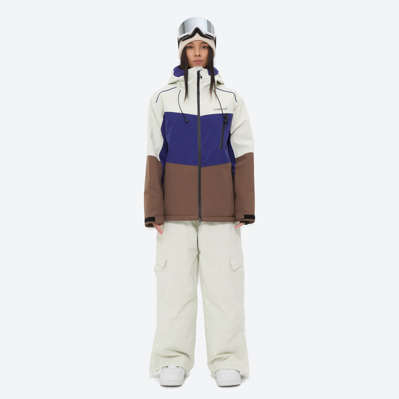 Women's waterproof 3L snow jacket and pants series - blue and brown colorblock jacket with white pants