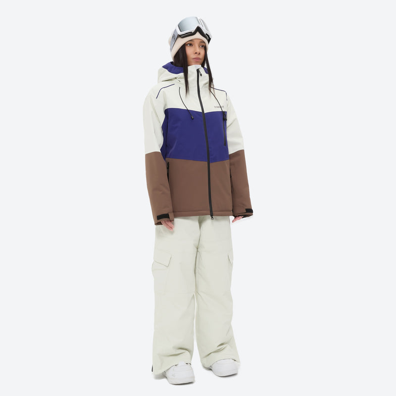 Women's 3-layer snowboard jacket and pants - blue and brown colorblock jacket with white pants, for skiing and snowboarding