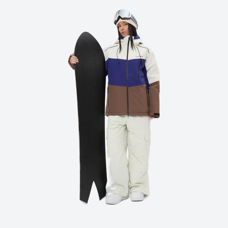 Women's colorblock breathable ski jacket set - blue and brown colorblock jacket with white pants