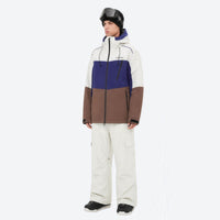 
                  
                    Unisex 3L snowboard jacket and pants - white purple and brown colorblock with white pants, for resort and backcountry days
                  
                