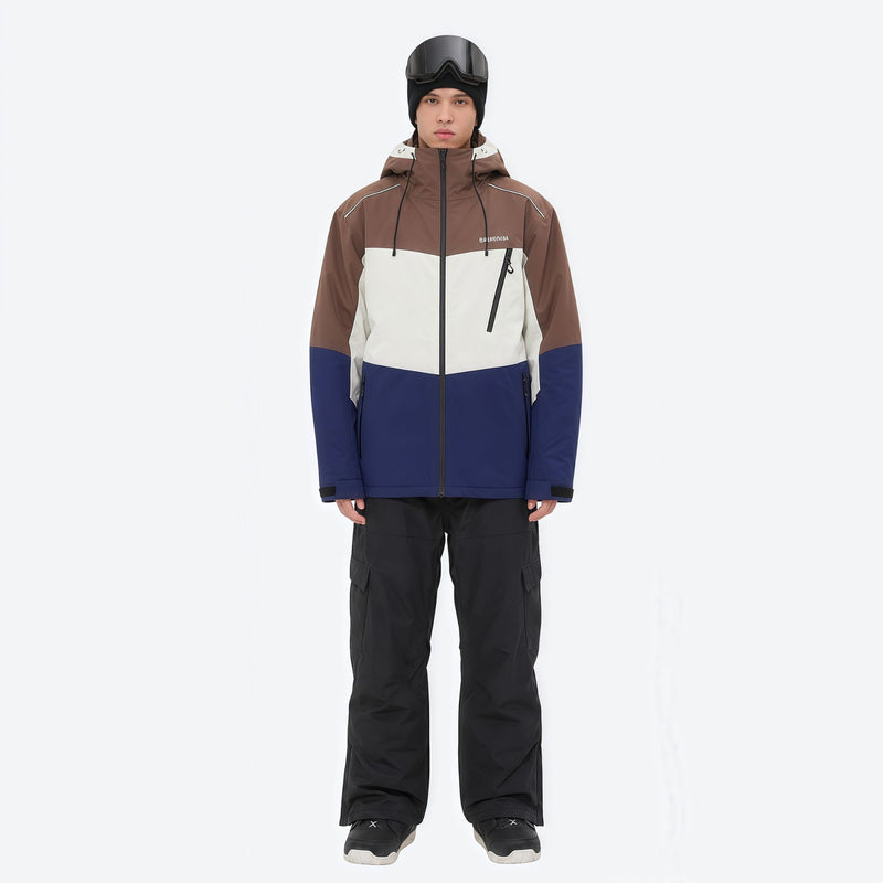 Breathable 3-layer ski jacket and pants set - brown white and navy colorblock with black pants, for powder and piste riding