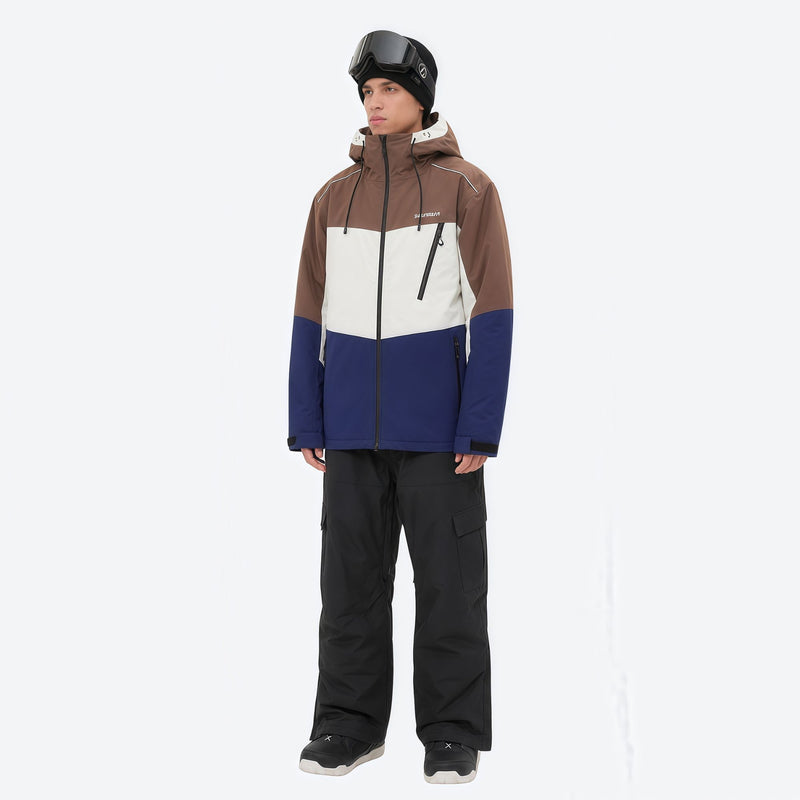 Unisex 3L snowboard jacket and pants - brown white and navy colorblock with black pants, for cold-weather winter sports