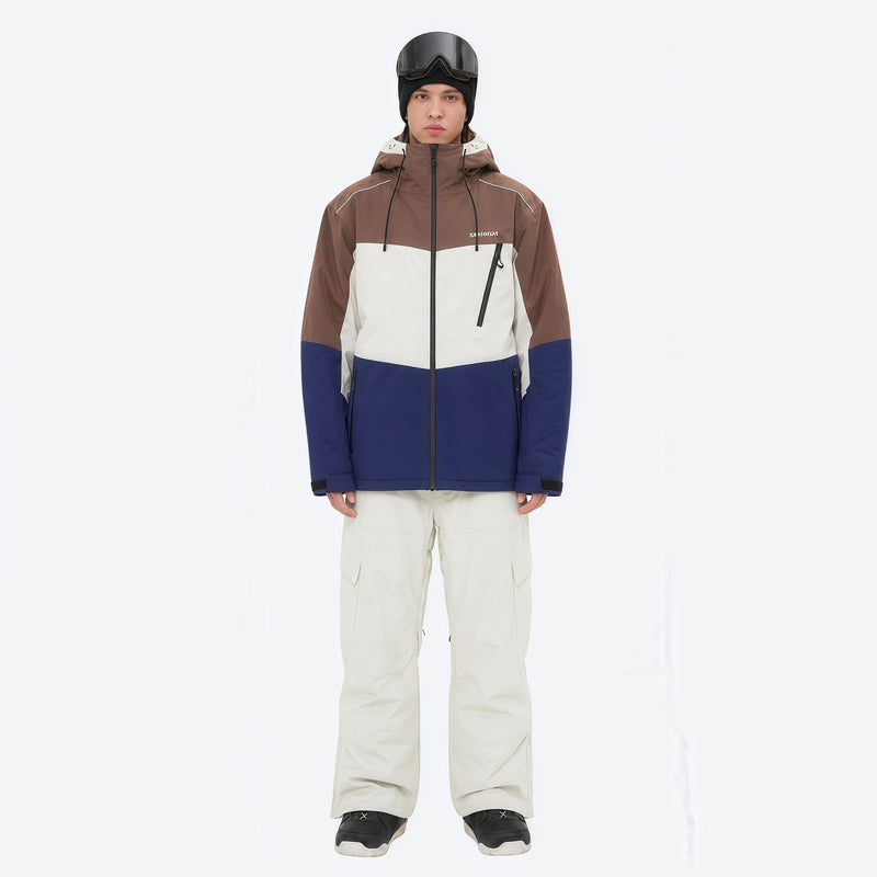 Unisex waterproof 3L snow jacket and pants series - brown white and navy colorblock with white pants