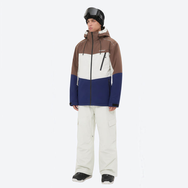 Breathable 3-layer ski jacket and pants set - brown white and navy colorblock with white pants