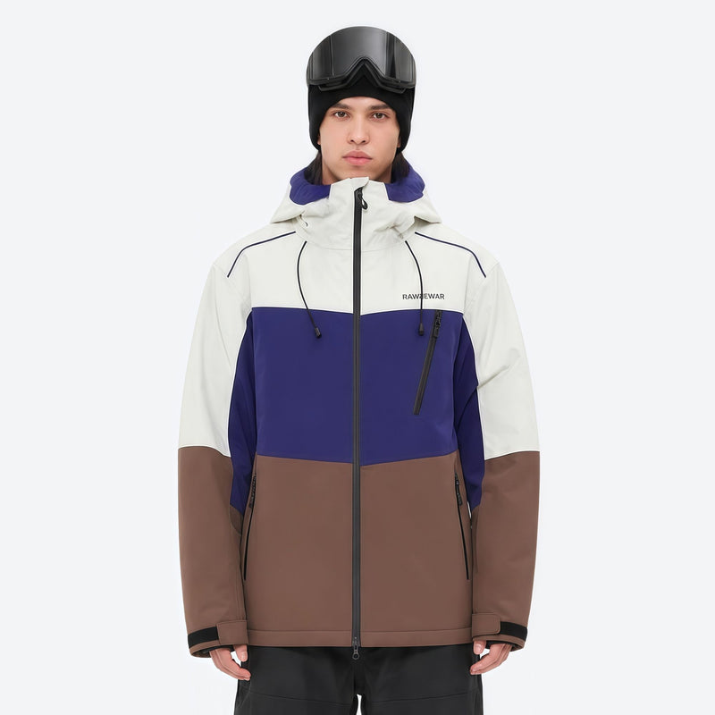 Breathable 3-layer ski jacket and pants set - white purple and brown colorblock, for resort and backcountry days