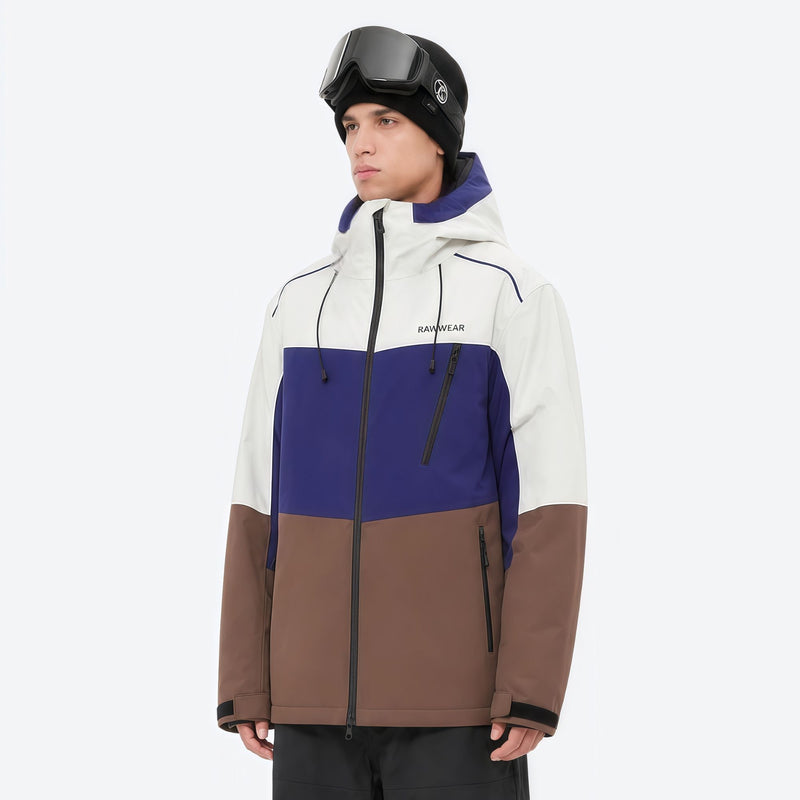 Unisex 3L snowboard jacket and pants - white purple and brown colorblock, for powder and piste riding