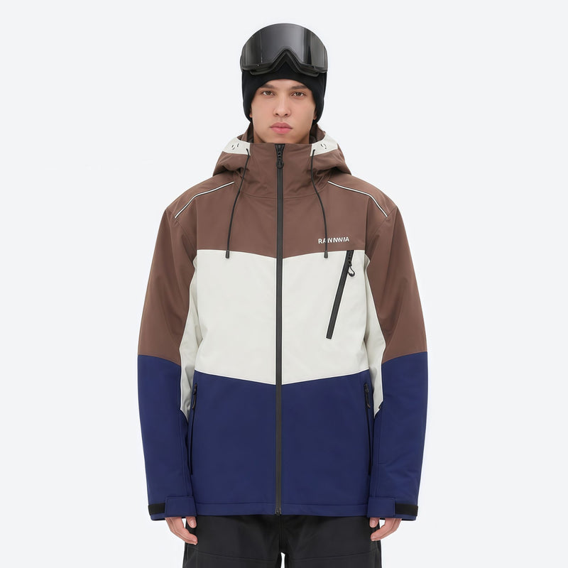 Unisex waterproof 3L snow jacket and pants series - brown white and navy colorblock, for resort and backcountry days