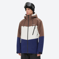 
                  
                    Unisex 3L snowboard jacket and pants - brown white and navy colorblock, on-model front view, for skiing and snowboarding
                  
                