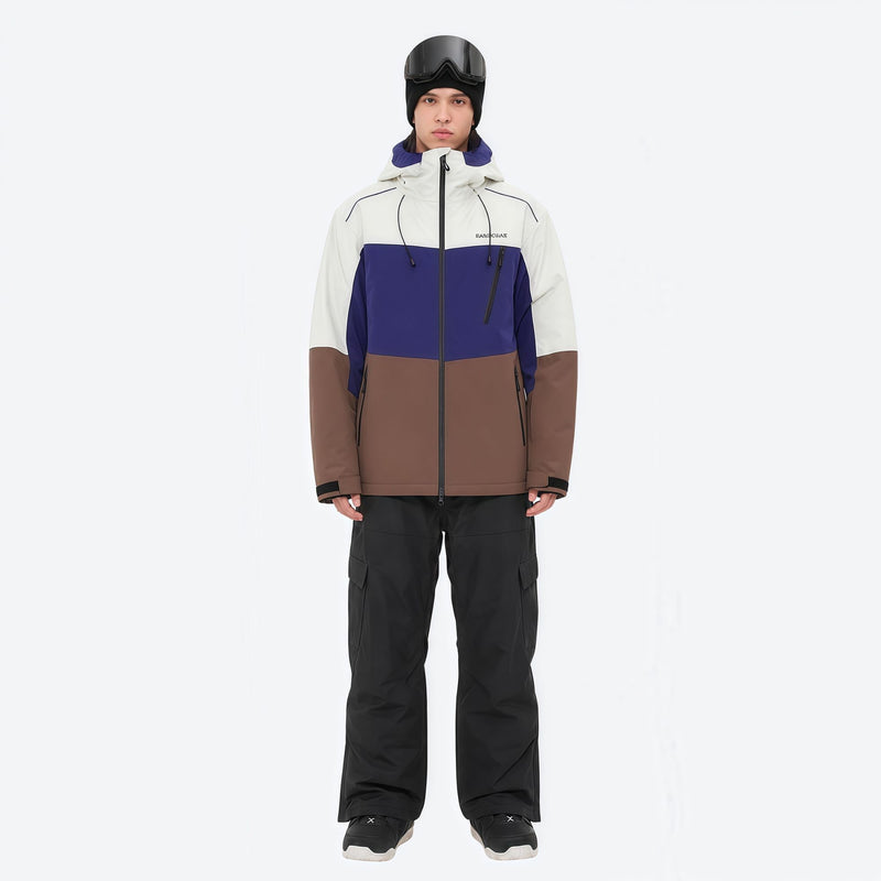 Unisex waterproof 3L snow jacket and pants series - white purple and brown colorblock with black pants