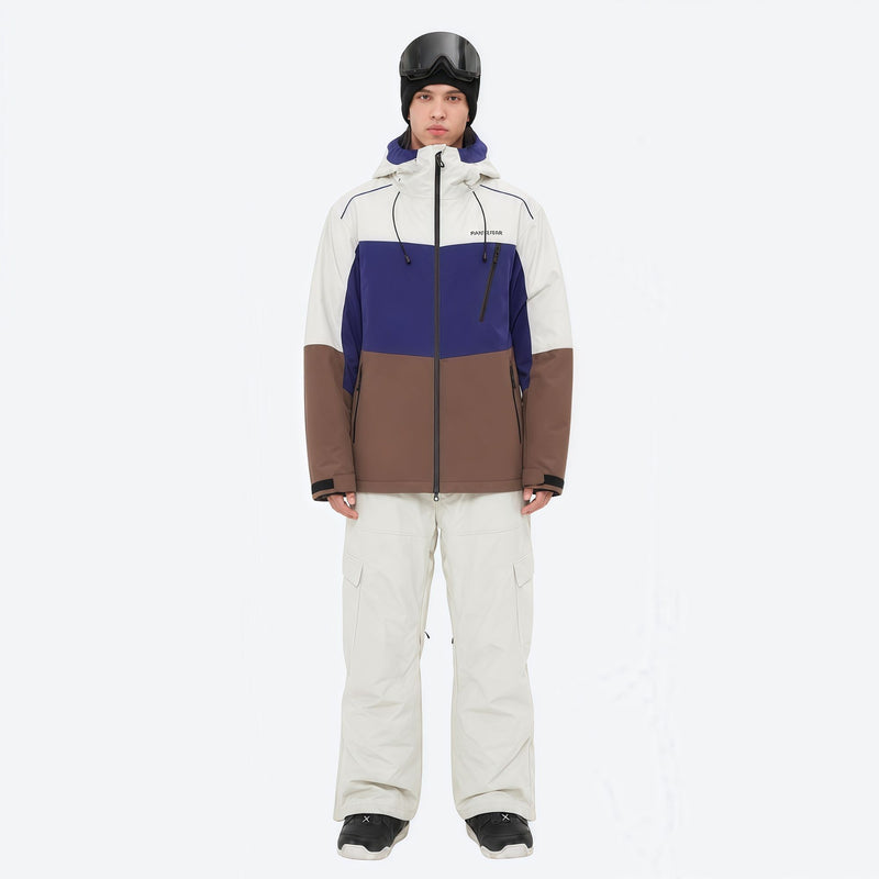 Breathable 3-layer ski jacket and pants set - white purple and brown colorblock with white pants, for skiing and snowboarding