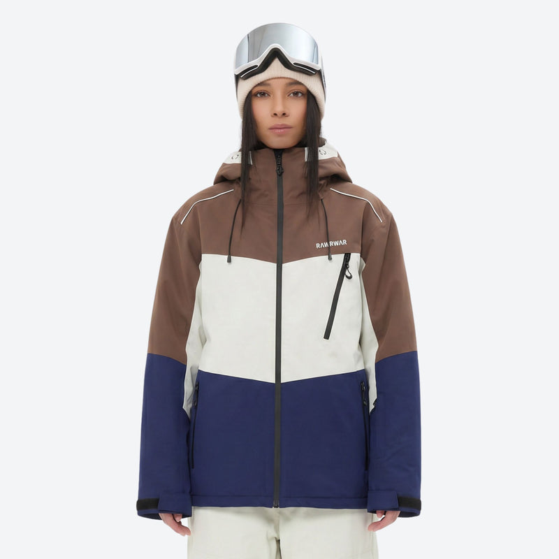 Women's waterproof 3L snow jacket and pants series - brown white and blue colorblock jacket, for resort and backcountry days