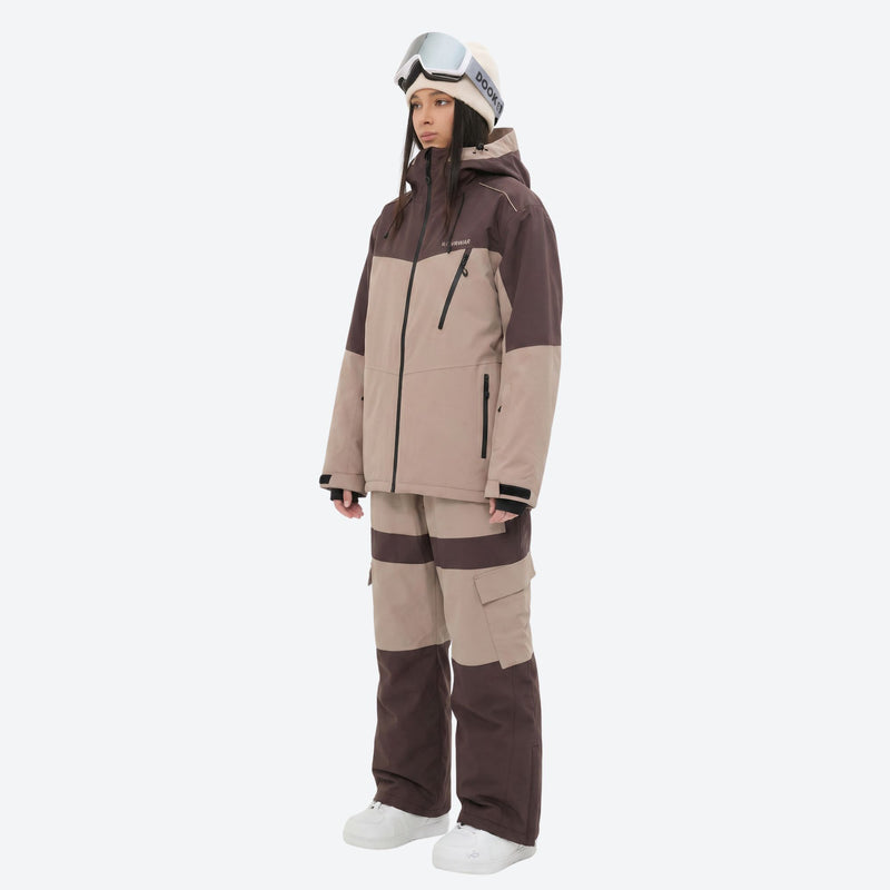 Women's 3-layer snowboard jacket and pants - tan and brown colorblock jacket with tan pants, for skiing and snowboarding