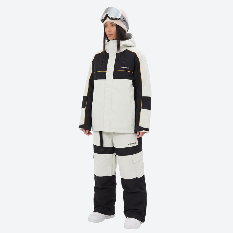 Women's colorblock breathable ski jacket set - white and black colorblock jacket with white pants