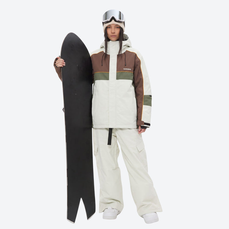 Women's colorblock breathable ski jacket set - white olive and brown colorblock jacket with white pants