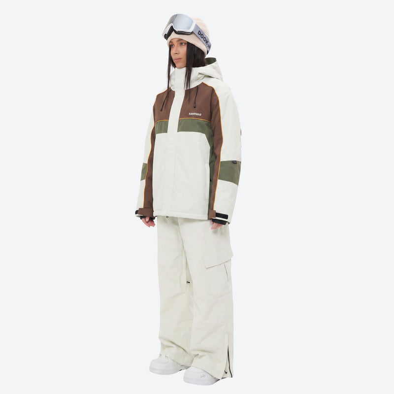 Women's 3-layer snowboard jacket and pants - white olive and brown colorblock jacket with white pants, on-model side view