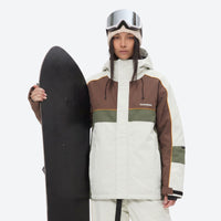 
                  
                    Women's 3-layer snowboard jacket and pants - white olive and brown colorblock jacket, for cold-weather winter sports
                  
                
