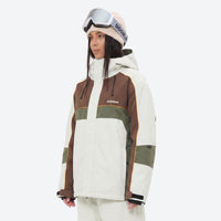 
                  
                    Women's waterproof 3L snow jacket and pants series - white olive and brown colorblock jacket, for skiing and snowboarding
                  
                