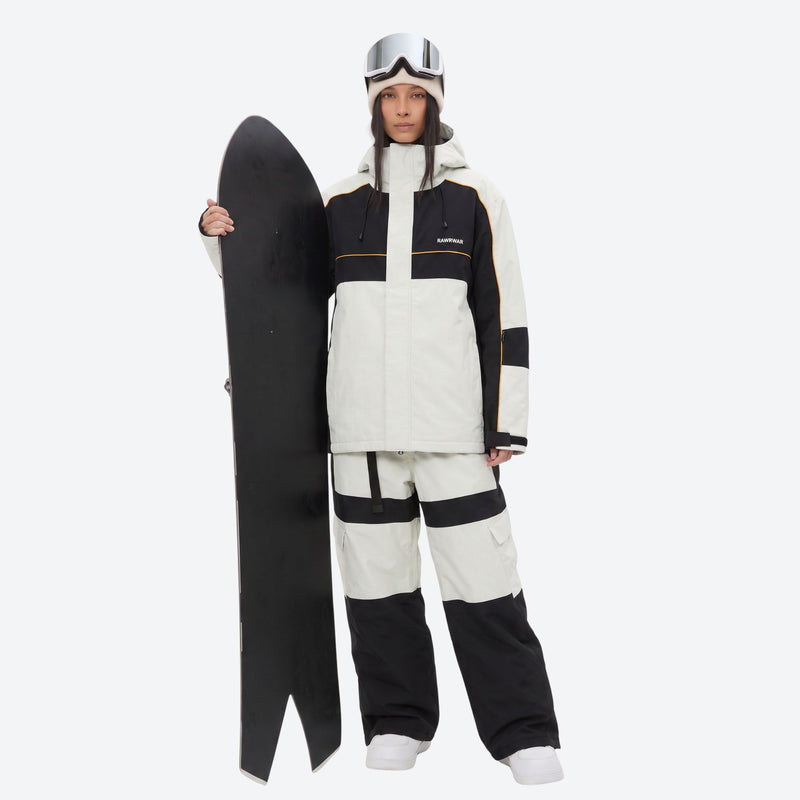Women's waterproof 3L snow jacket and pants series - white and black colorblock jacket with white pants