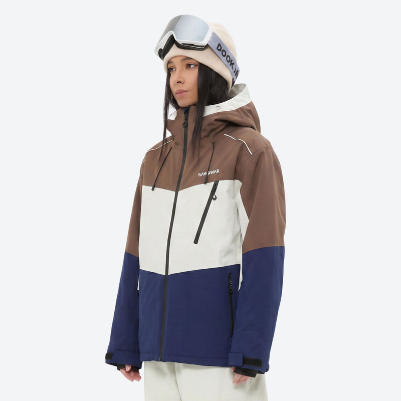 Women's colorblock breathable ski jacket set - brown white and blue colorblock jacket, for powder and piste riding