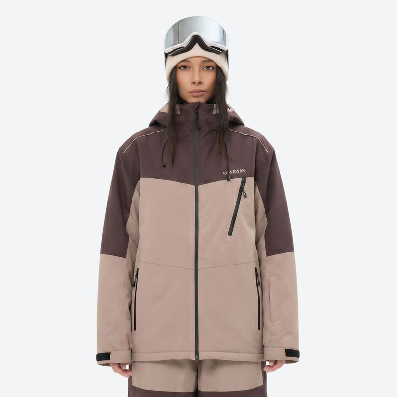 Women's waterproof 3L snow jacket and pants series - tan and brown colorblock jacket, for cold-weather winter sports