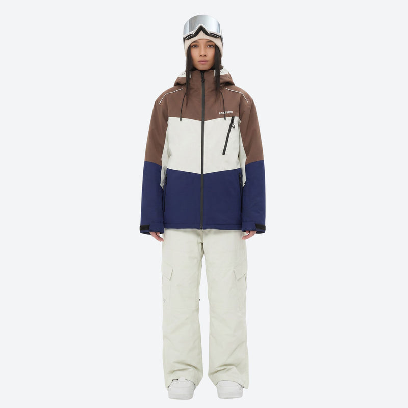 Women's waterproof 3L snow jacket and pants series - brown white and blue colorblock jacket with white pants