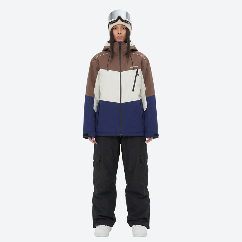 Women's colorblock breathable ski jacket set - brown white and blue colorblock jacket with black pants