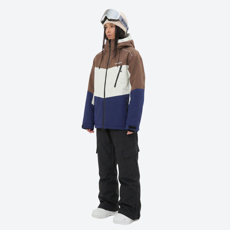 Women's 3-layer snowboard jacket and pants - brown white and blue colorblock jacket with black pants