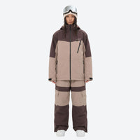 
                  
                    Women's colorblock breathable ski jacket set - tan and brown colorblock jacket with tan pants, for cold-weather winter sports
                  
                