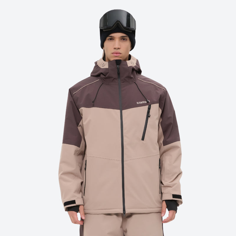 Unisex 3L snowboard jacket and pants - coffee brown and tan colorblock, on-model front view, for skiing and snowboarding