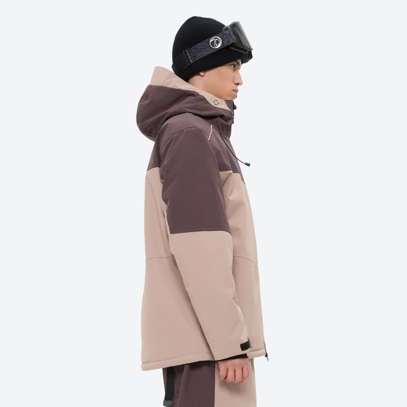 Breathable 3-layer ski jacket and pants set - coffee brown and tan colorblock, for resort and backcountry days