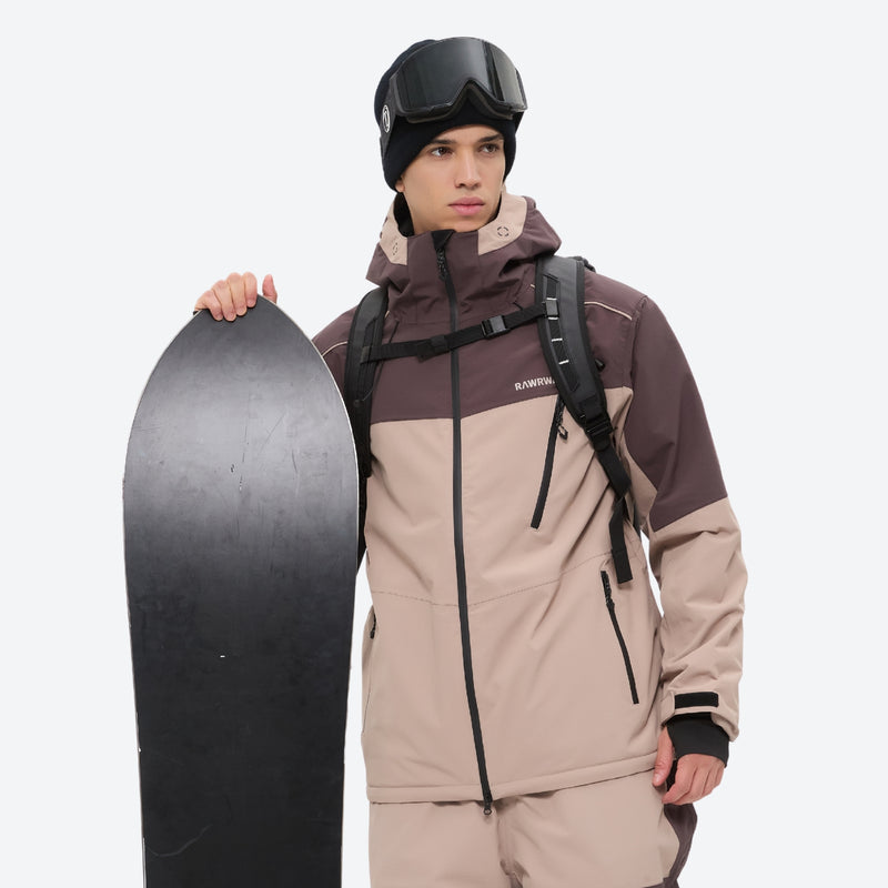 Unisex waterproof 3L snow jacket and pants series - coffee brown and tan colorblock, for skiing and snowboarding
