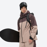 
                  
                    Unisex 3L snowboard jacket and pants - coffee brown and tan colorblock, for powder and piste riding
                  
                