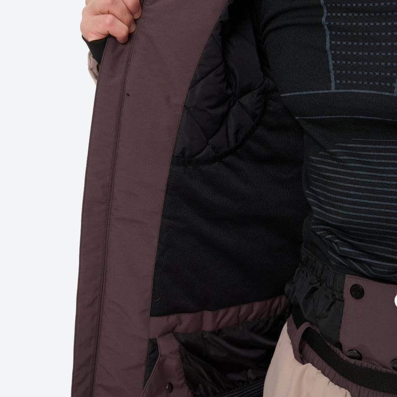 Unisex 3L snowboard jacket and pants - coffee brown and tan colorblock, for resort and backcountry days