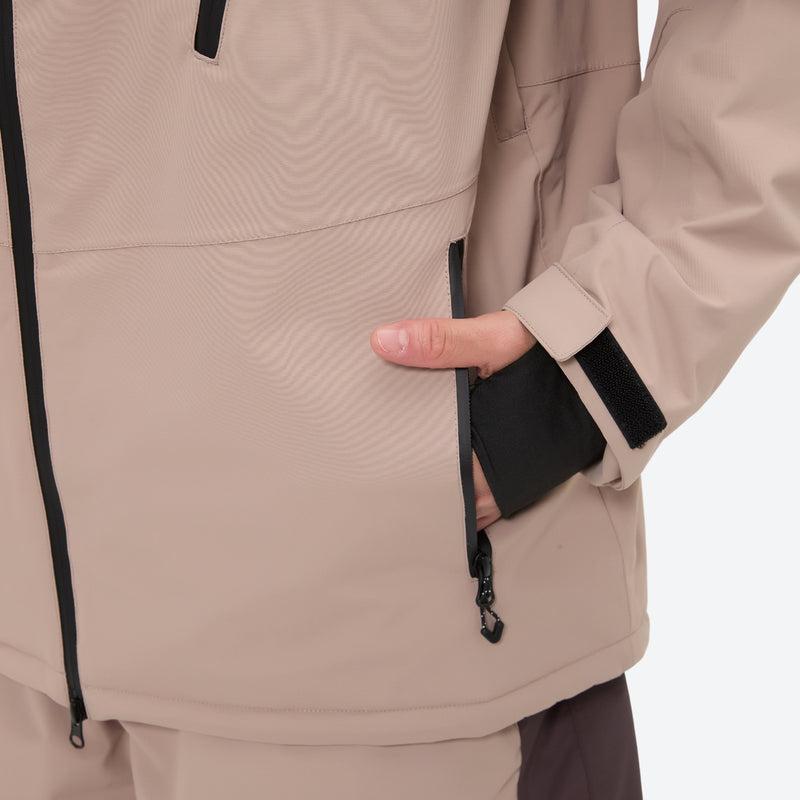 Unisex waterproof 3L snow jacket and pants series - coffee brown and tan colorblock, 3-layer waterproof breathable fabric