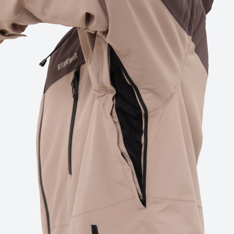 Unisex waterproof 3L snow jacket and pants series - coffee brown and tan colorblock, adjustable storm hood and snow skirt