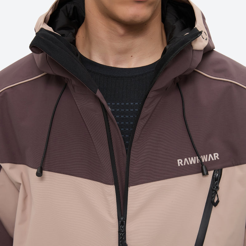 Unisex 3L snowboard jacket and pants - coffee brown and tan colorblock, collar zip close-up detail, underarm vents dump heat