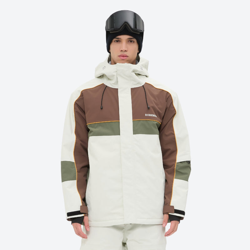 Unisex waterproof 3L snow jacket and pants series - white olive green and brown colorblock with white pants