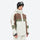 Unisex 3L snowboard jacket and pants - white olive green and brown colorblock with white pants, underarm vents dump heat