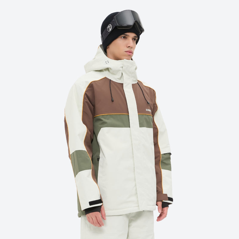Unisex 3L snowboard jacket and pants - white olive green and brown colorblock with white pants, underarm vents dump heat